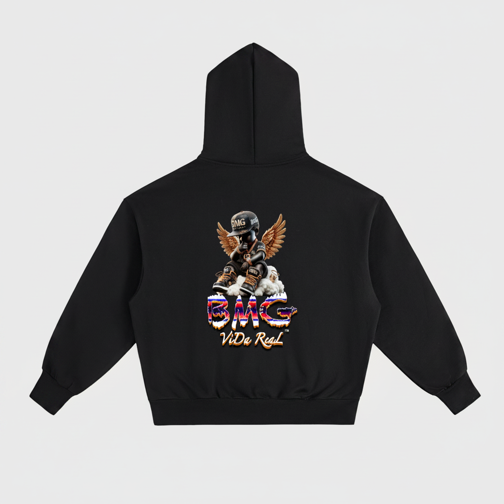 Black hoodie with colorful graphic design on the back against a white background