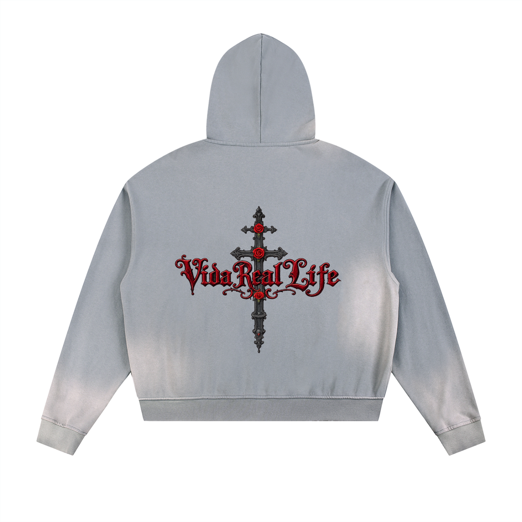 Sun Fade Frayed Raw Edge Fleece Zip Hoodie