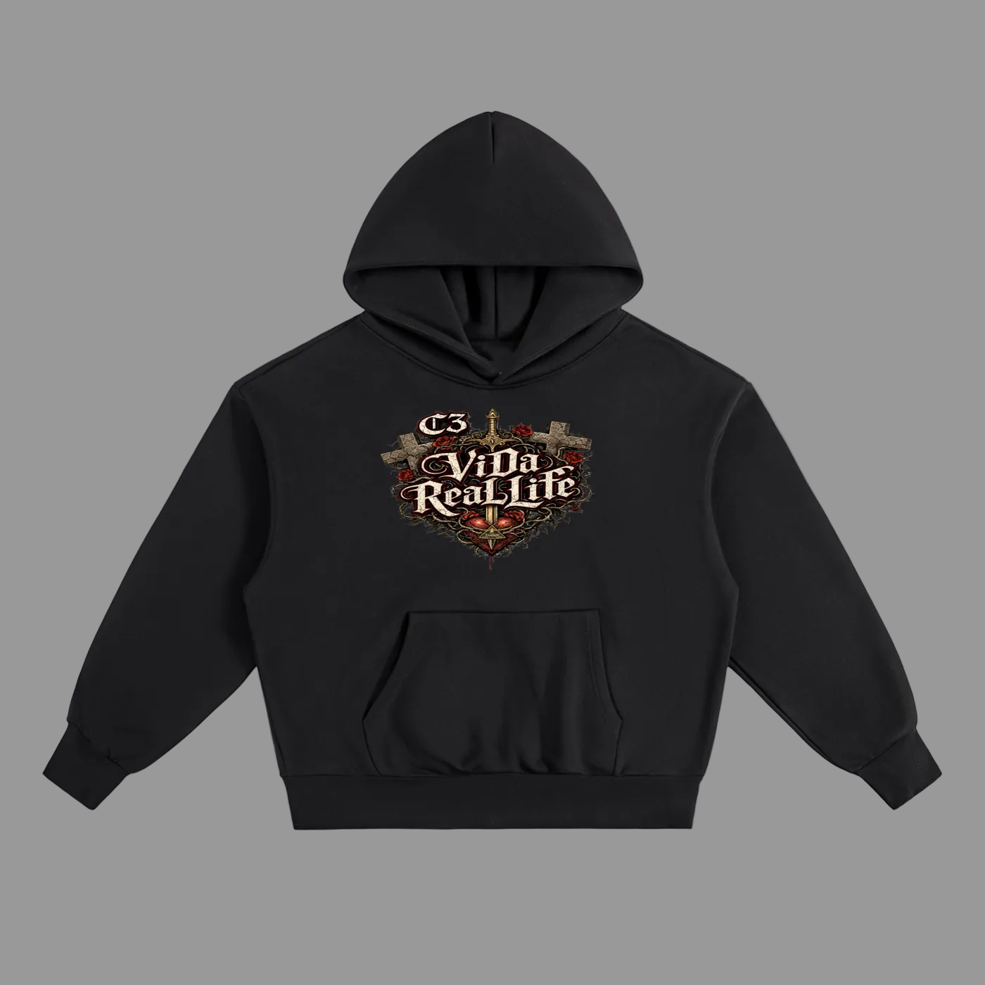 Black hoodie with 'Vida Real Life' logo on a white background