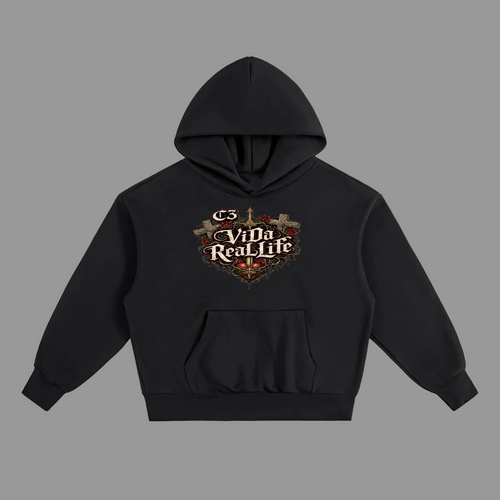 Black hoodie with 'Vida Real Life' logo on a white background
